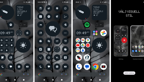 I telefonen kan du välja mellan ett monkromt läge eller ett mer normalt Android-utseende i färg.