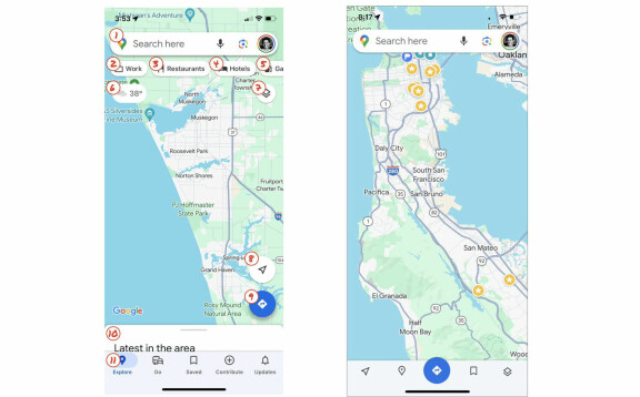 Designern Elizabeth Laraki visar den nuvarande Google Maps-appen här till vänster och föreslår en förenkling av designen för bättre användbarhet enligt hennes egen skiss till höger.