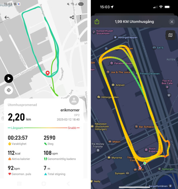 Fyra varv runt Hötorgsskraporna får visa gpsens exakthet, här Oneplus Watch 3 till vänster och Apple Watch 10 till höger för jämförelse.