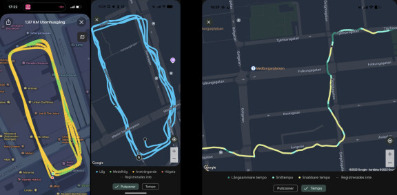 Rutt runt skyskrapor med Apple Watch till vänster, sedan Pixel Watch 4. Till höger en detaljbild av annan promenad med Pixel Watch 4.
