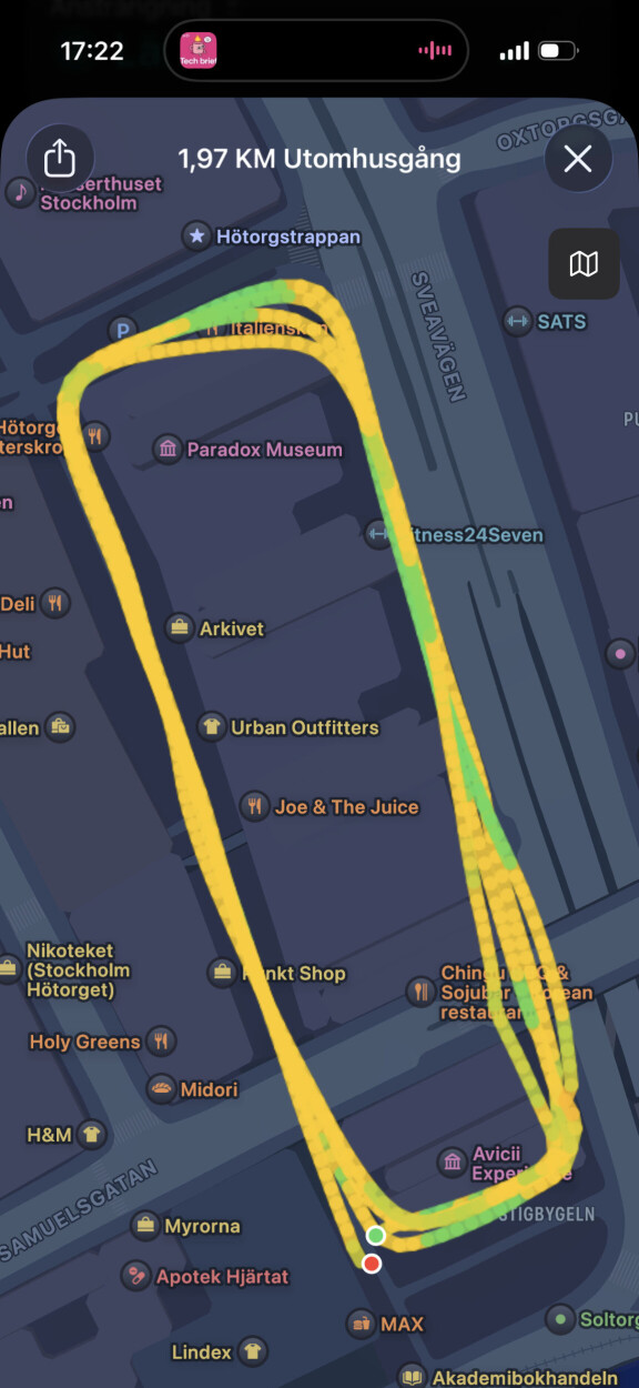 GPS-promenad fyra varv runt Hötorgsskraporna i Stockholm visar vissa avvikelser men ett godkänt resultat ändå.