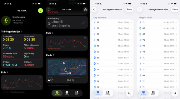Träningspass med pulsmätningen i Airpods Pro 3 initieras från Fitness-appen i Iphone. I Hälsa-appen kan vi se att pulsmätningarna från hörlurarna överensstämmer ungefär med de från Apple Watch. När jag använder både klocka och hörlurar samtidigt verkar i stort sett alltid klockans mätning vara aktiv och då rapporteras ingen puls från hörlurarna.