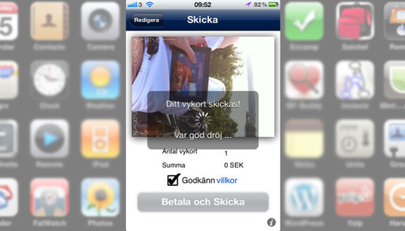 Riktigt vykort från Postens app i Iphone