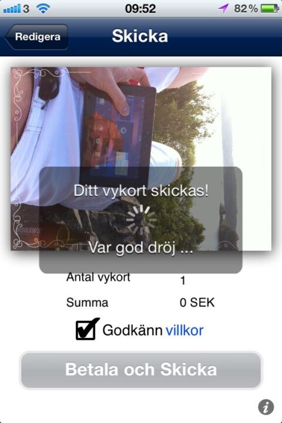 Riktigt vykort från Postens app i Iphone