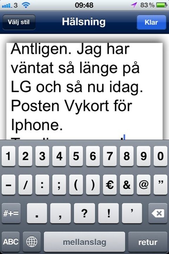 Riktigt vykort från Postens app i Iphone