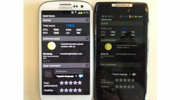 För att få en uppfattning om prestandan hos Galaxy S3 lät vi den mäta krafterna mot Motorola Razr med hjälp av några olika benchmark-appar. Resultatet med Antutu visar på en klar klass-skillnad.