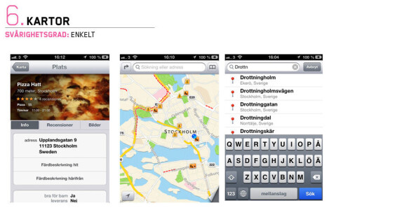 En av de mest märkbara fördelarna med Apples kartor jämfört med Googles som fanns tidigare i Iphone och Ipad är den nya sökfunktionen. Börjar du att skriva ett gatunamn tar det inte lång tid innan du får upp förslag i fältet under på vad det är du är på väg att skriva och det oavsett var i världen som platsen du söker finns. I själva kartbilden kan du se restauranger, butiker och andra företag men det går även att aktivera så att du ser trafikstockningar och vägarbeten. Du kan även söka efter till exempel Pizza eller Kaffe och få fram pizzerior eller kaféer i närheten av den plats där du befinner dig.