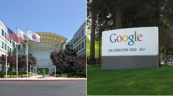 Från vänster: Apples högkvarter i Cupertino, samt en skylt utanför Googles högkvarter Googleplex. Foto: Joe Ravi/Ardo191.