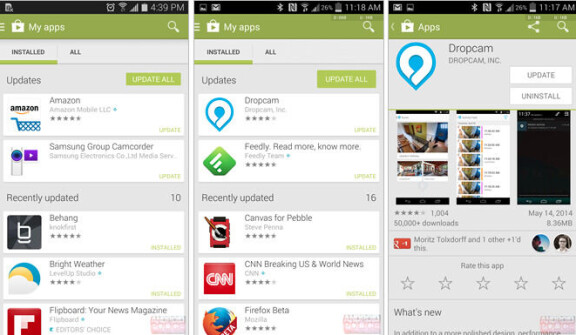 Nya Google Play har större knappar än tidigare versionen. Vänster: Äldre version av Google Play. Mitten och höger: Uppdaterade Google Play.