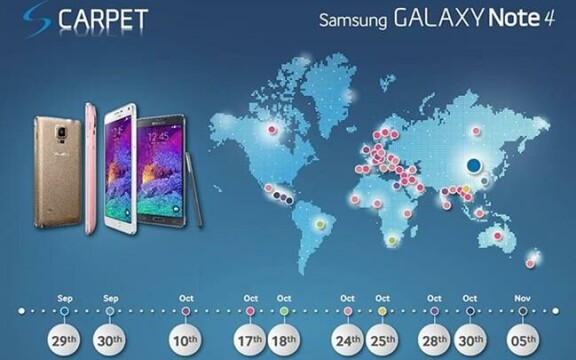 Kartan över lanseringsplanerna för Samsung Galaxy Note 4 är numera borta från Samsungs sociala kanaler.