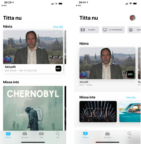 Appen till vänster är hur tv-appen såg ut innan omgörningen och till höger som den nya ser ut.