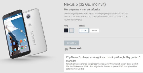 Svenskt pris på Nexus 6