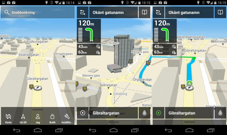 Eniro Navigation Eniro Navigation är ett nytt varumärke bland mobilens vägvisare. Appen är utvecklad av portugisiska Ndrive som har navigatorappar för exempelvis Samsung, HP och HTC på sin meritlista. Appen finns även i en »icke-brandad« version under namnet Nlife. Kartor och navigation inom Sverige är gratis och Eniro ligger bra till prismässigt när det gäller både Europakartor och trafikinformation. Kartvyn är riktigt snygg. Byggnader visas som halvgenomskinliga 3D-konturer – en bra lösning eftersom vägen alltid syns igenom. Appen har en tydlig körfältsassistent och visar hastighetsbegränsningar och fartkameror. Både kartor och ruttberäkning fungerar även utan uppkoppling. På lite längre sträckor behöver Eniro mer beräkningstid än de snabbaste apparna i testet, men fördröjningarna blir aldrig störande.
