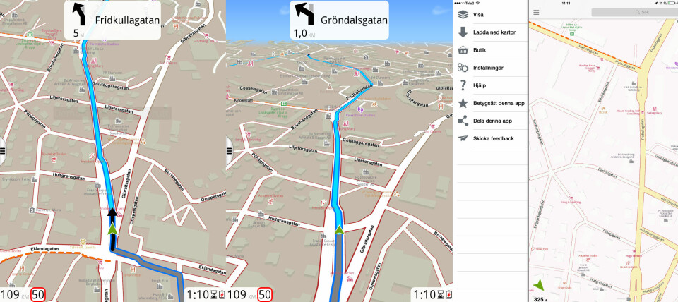 Route 66 Route 66 har hängt med ända sedan de första GPS-mobilerna och idag finns appen för Android och Ios. Appen har ett lågt pris, men gör ett bra jobb även om kartbilden inte är testets snyggaste. Gränssnittet ger ett lite kantigt och plottrigt intryck, men vägvisningen är ändå tydlig och här och var dyker det upp 3D-modeller av byggnader som gör det enkelt att orientera sig. Informationsfälten och texten i kartan är i minsta laget, så det är svårt att läsa avstånd och hastighet, men pilarna för själva vägvisningen går inte att missa. Sökfunktionerna är kopplade till kartleverantörens intressepunkter och fungerar mycket bättre nu än vid förra testtillfället för ett år sedan. Dock finns samma problem som hos Apple med att gamla uppgifter inte gallras ut. Onlinetjänsterna i appen består av trafikinformation och väder. Trafikinformationen verkar dock inte lika detaljerad som i andra appar – när jag testar med samma rutt vid samma tidpunkt är listan över hinder på vägen betydligt kortare i Route 66 än i exempelvis Tomtom och Wisepilot.