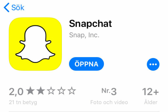 Snapchat straffas i Appstore med lågt betyg.