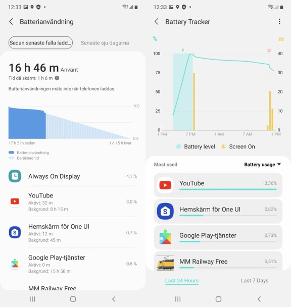 Batterihanteraren i Samsung One UI 3.0 till vänster jämfört med Battery Tracker till höger.